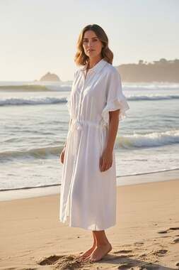 Piper & Scoot White Button-Up Midi Dress with Ruffle Sleeves Size Large